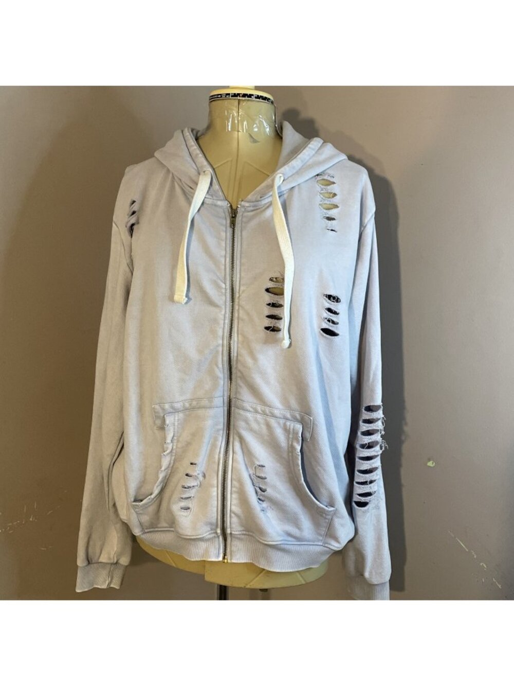 Lily & Lottie Factory Distressed Full Zip Hoodie Slashes Hvywt Light Gray Lg O/S